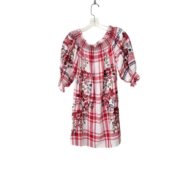 Zara Woman Red Embroidered Off the Shoulder Plaid Mini Dress - Picture 5 of 6